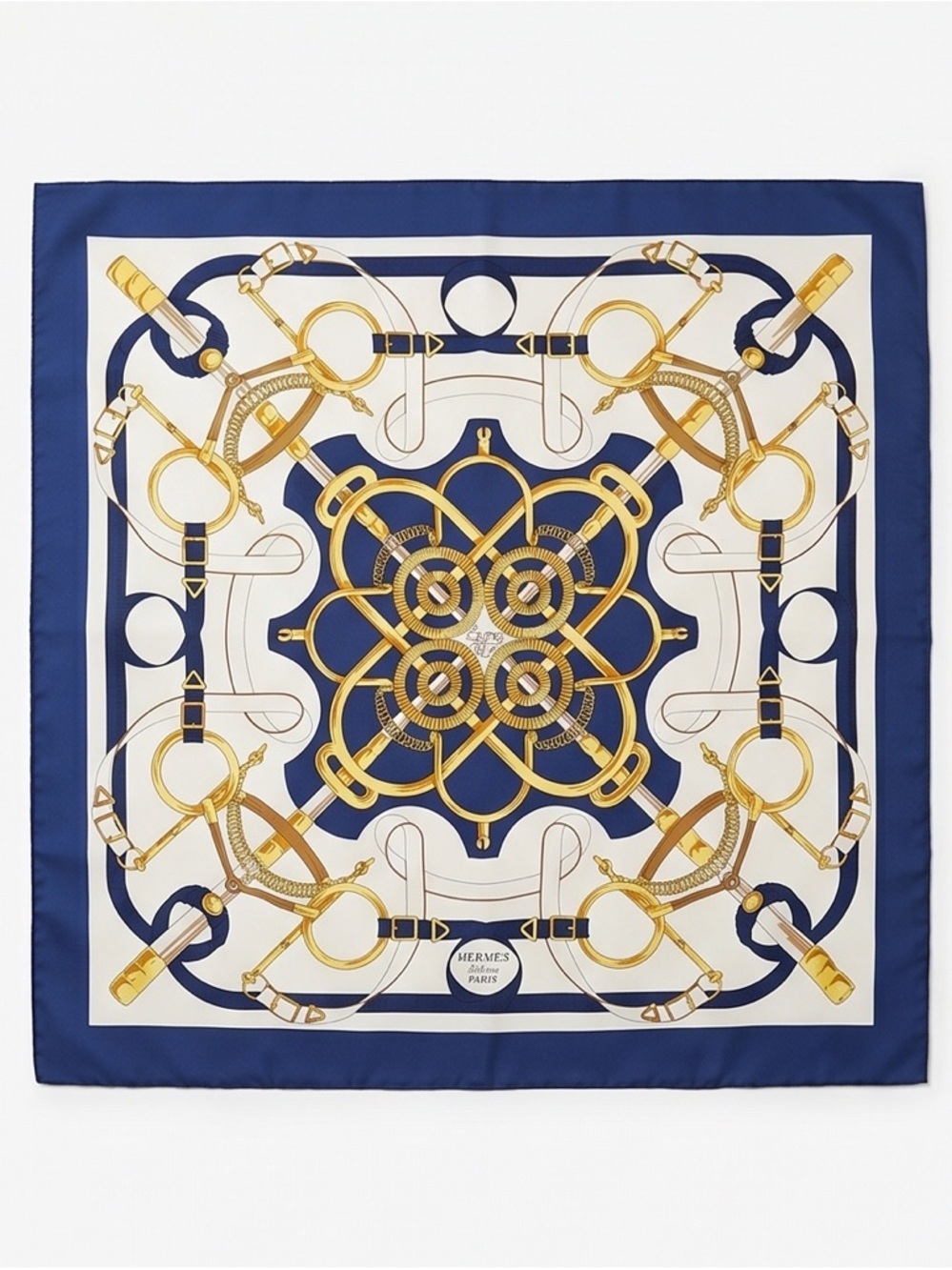 HERMES
Blue & White 'Eperon D'or' Silk Scarf 90 w/ Box
